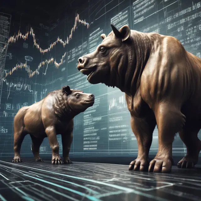 A bull and bear statue engage in a balance, with scales representing technical indicators, while a series of graphs symbolize fundamental analysis and quantitative methods