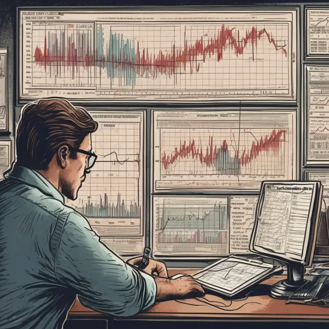 Trader examining divergent price action and fundamental data during a market dip, ready to buy undervalued stocks