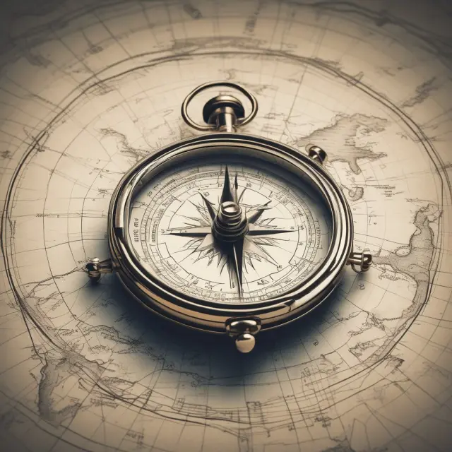 A compass-wielding trader sailing through financial waters, guided by trade signals while aware of potential pitfalls.