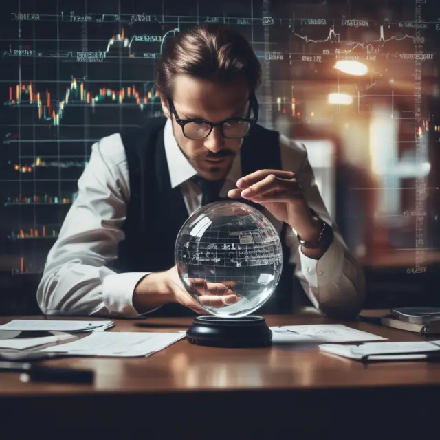 Institutional investor utilizing crystal ball containing trade signals for effective market analysis, risk management, and portfolio optimization.