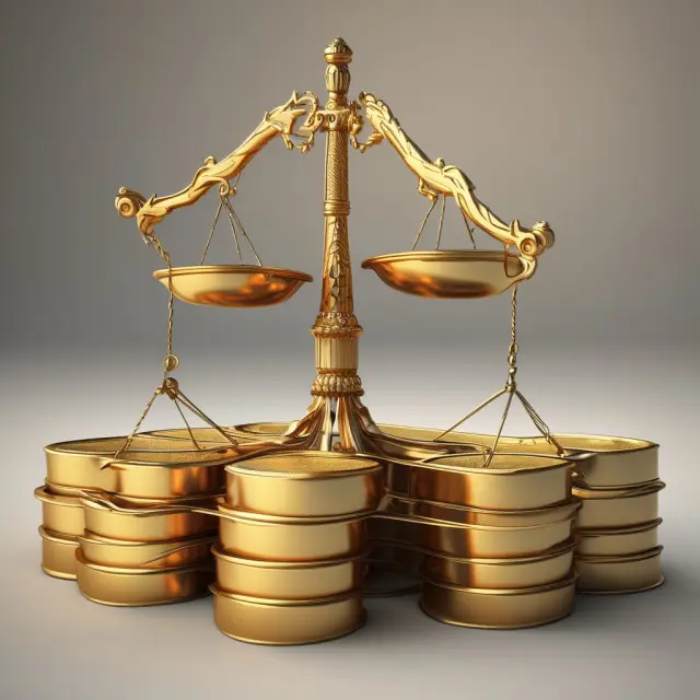 A pair of golden scales tilting towards the export side, symbolizing a trade surplus