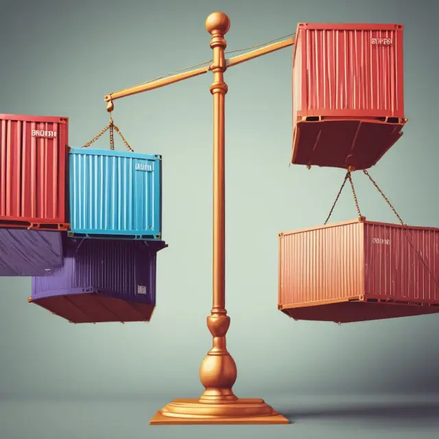 An image of scales tipping to the right with export goods piling up, representing a country