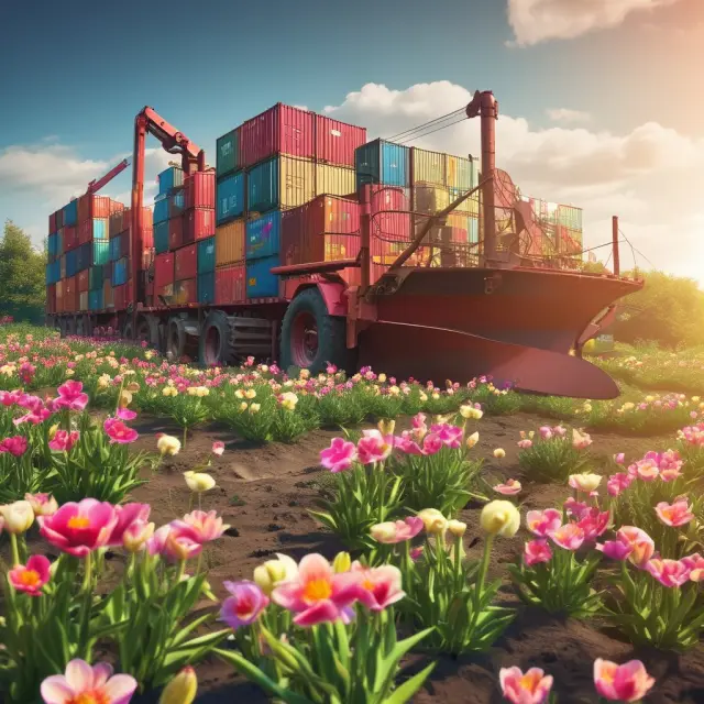 A lush, colorful garden filled with workers tending to job opportunities arising from a successful trade surplus, surrounded by thriving industries and growth.