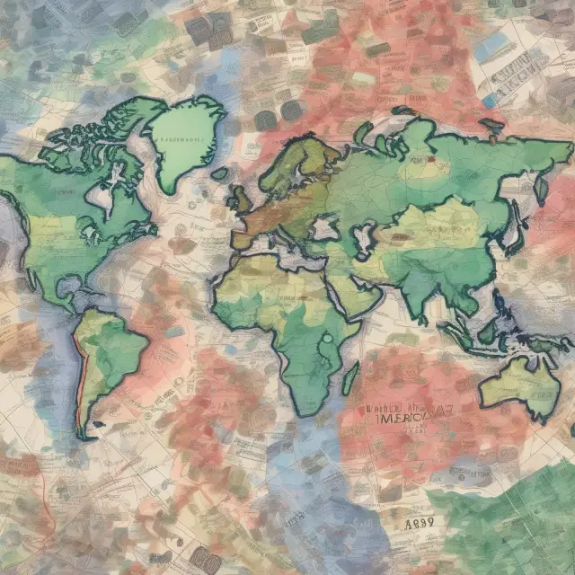 An image of currency waves from different countries merging on a map, representing their trade surpluses or deficits influencing interest rates and prices.