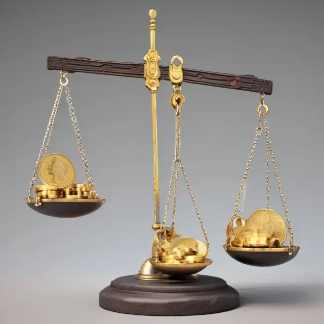 Golden scale balancing export and import coins, evaluating a country
