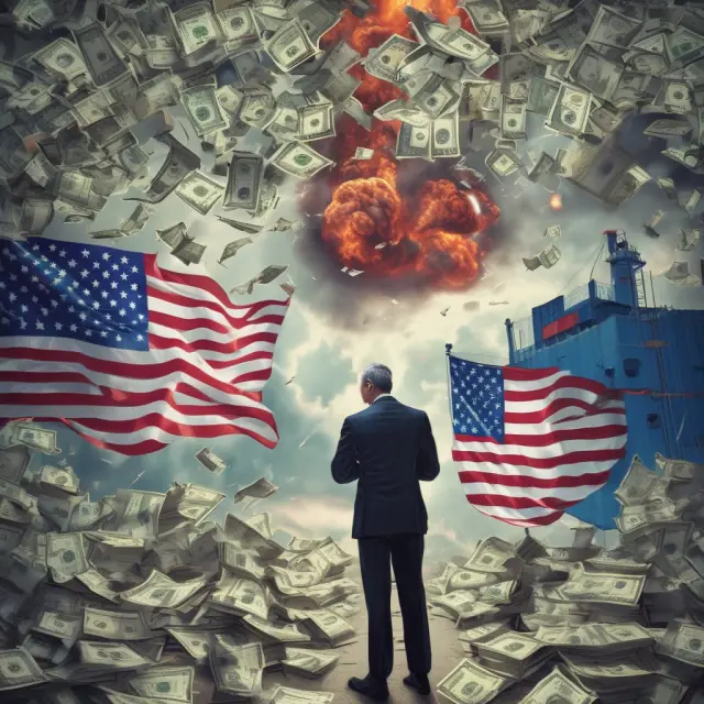 An image of economic powerhouses exchanging protective tariffs on a battleground while financial markets observe the consequences