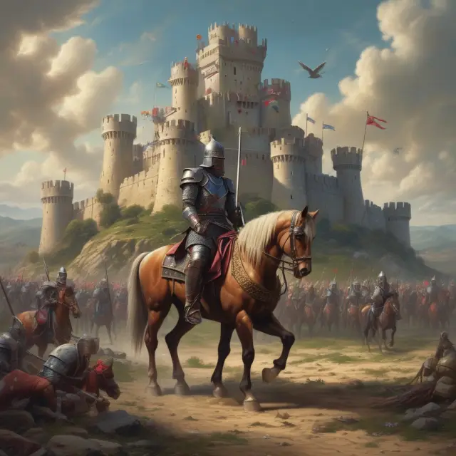 Trade war depicted as medieval battlefield: local businesses represented by knights, consumers as civilians, and the global economy symbolized by a fragile castle