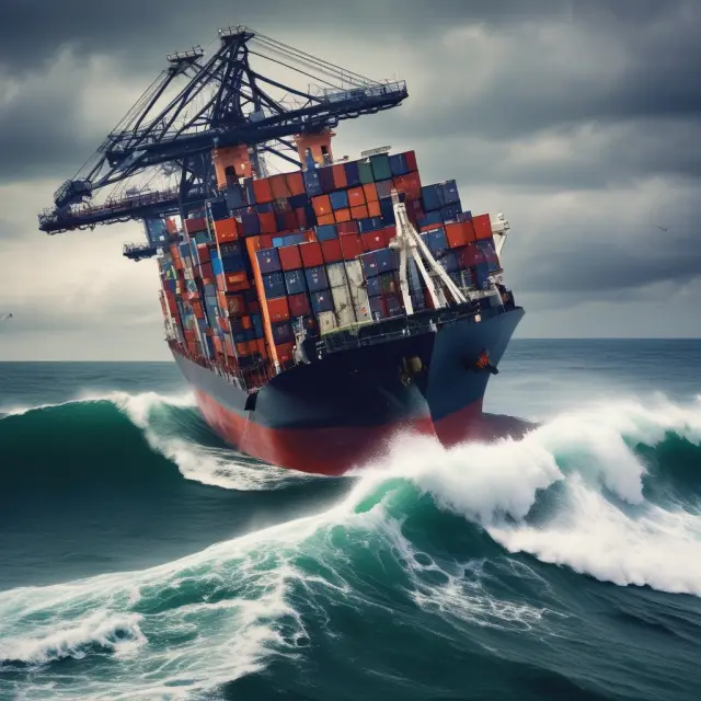 A tumultuous sea with economic markets represented as waves, symbolizing the impact of trade wars on various markets including stocks, currencies, and commodities.