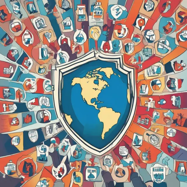 A shield emblazoned with the WTO logo, defending global markets from disputes and conflicts