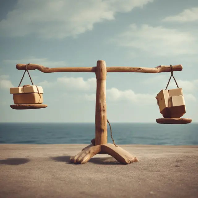 Image of a seesaw representing trade balance with imports on one side and exports on the other