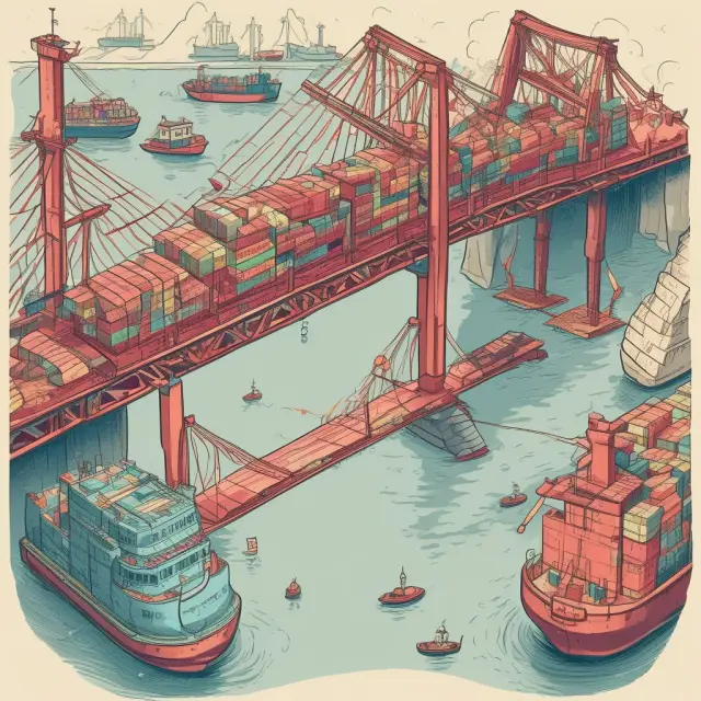 A stylized trade deficit depicted as a bridge, with goods flowing from one side to another, representing the connection between domestic consumption and foreign investment