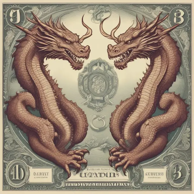 A three-headed dragon illustrating economic colonization, currency devaluation, and the link between trade and budget deficits