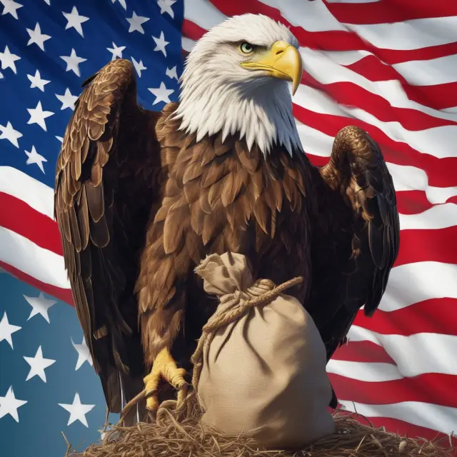 Colossal U.S. eagle holding a bag of imported goods and an empty nest for exports