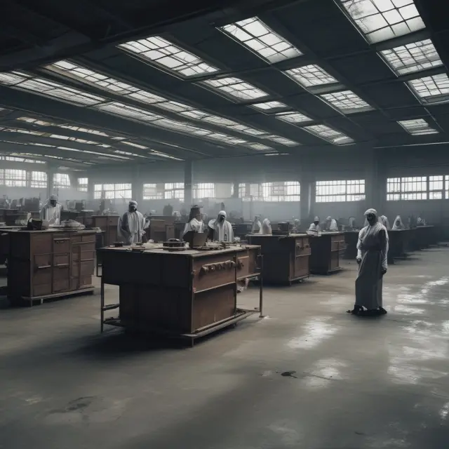 An abandoned factory signifies lost domestic industries due to trade deficits while a tipping scale highlights the shift towards foreign imports, impacting employment