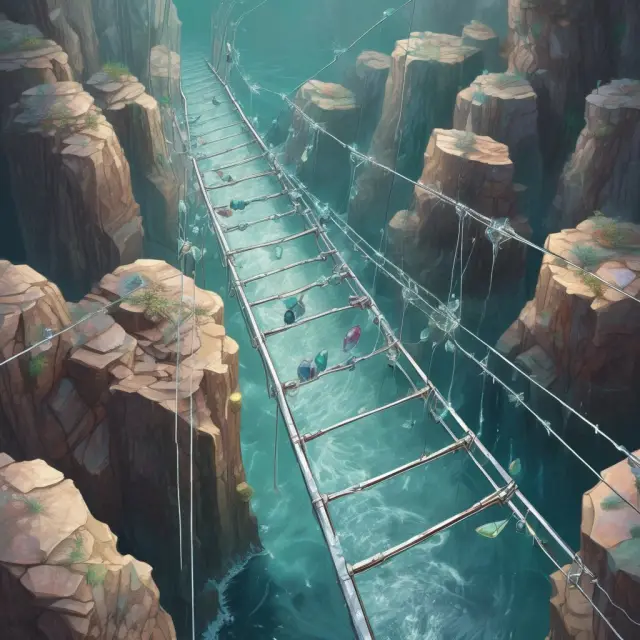A fragile glass bridge symbolizes the vulnerability of national security during trade deficits. Critical goods and services are depicted as precious stones flowing across it.