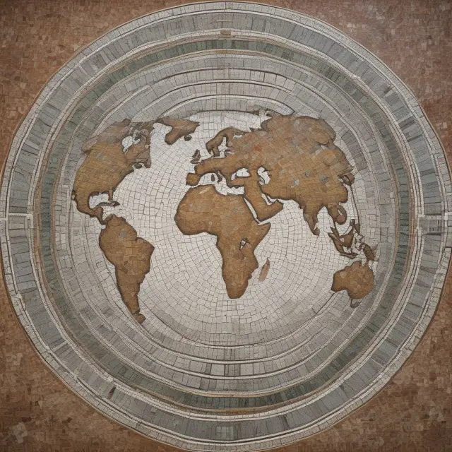 A mosaic depicting countries as interconnected tiles, with some representing surpluses and others deficits in global trade