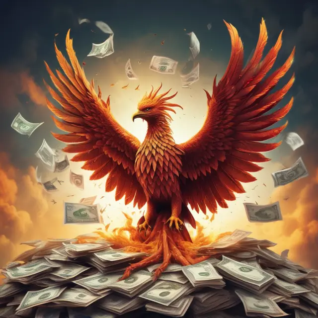 A phoenix rising from a pile of invoices, representing the financial transformation and growth of small and medium-sized enterprises (SMEs) through trade finance solutions like factoring.
