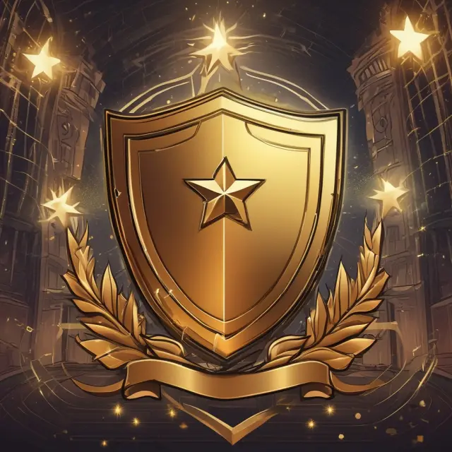 Golden shield with five stars representing benefits of registering a trademark in the USPTO