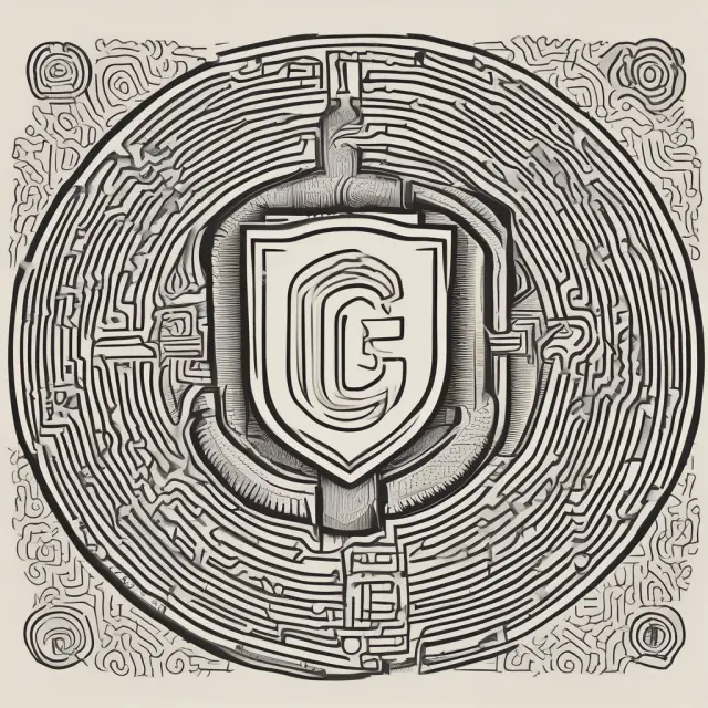 A shield with trademark symbols guarding a labyrinth of logos, illustrating trademark protection against infringement.