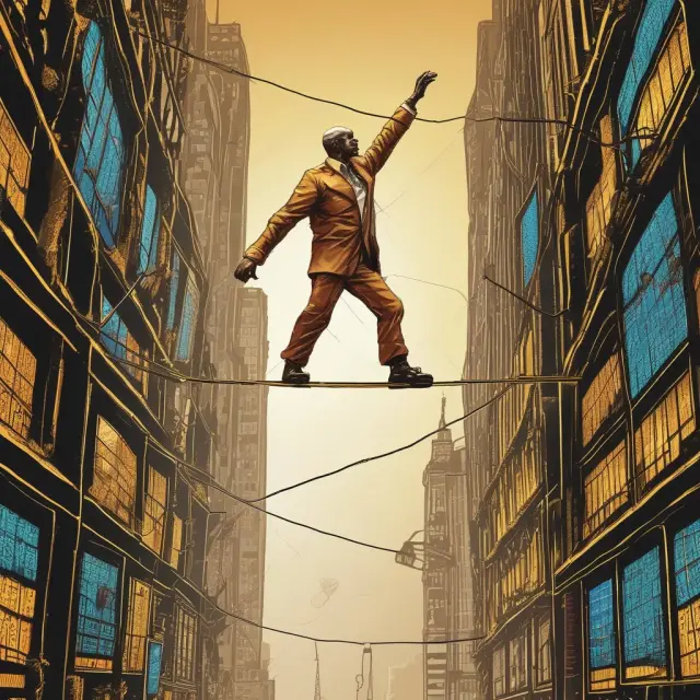 A gold trader skillfully balances on a tightrope while monitoring fast-moving price tickers to execute scalping trades