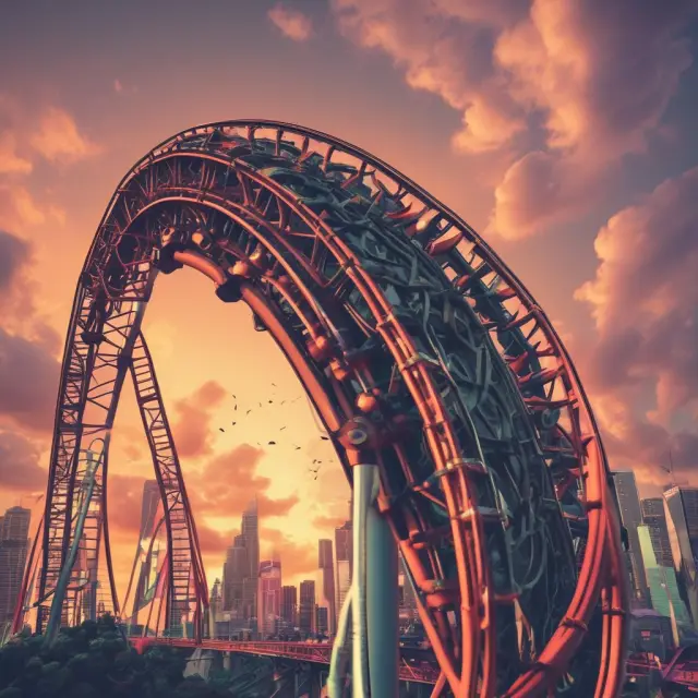 A day trader navigating market volatility on a rollercoaster, embodying the intensity and risks of short-term financial trading
