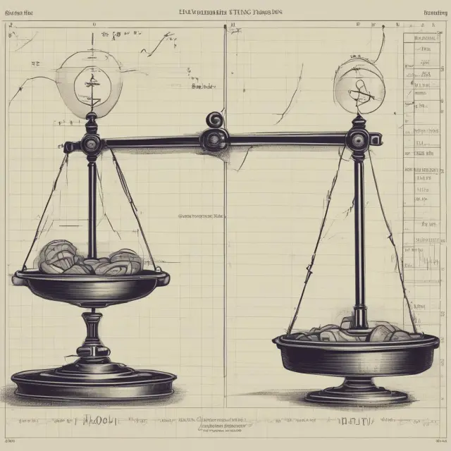 Scale illustrating short-term trading vs. long-term investing, with fluctuating market graphs.