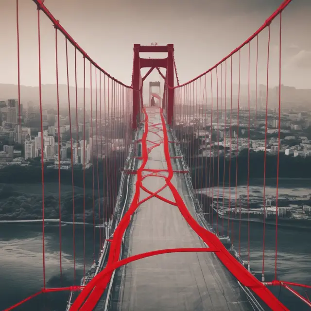 An image of a bridge connecting two lands obstructed by a river of red tape, illustrating how embargoes restrict trade between nations