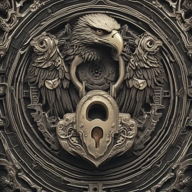 An eagle protects a lock and key, symbolizing export restrictions on technology transfers between countries.