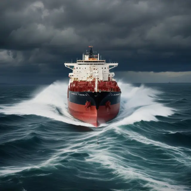 An oil tanker braving stormy seas represents geopolitical import restrictions.