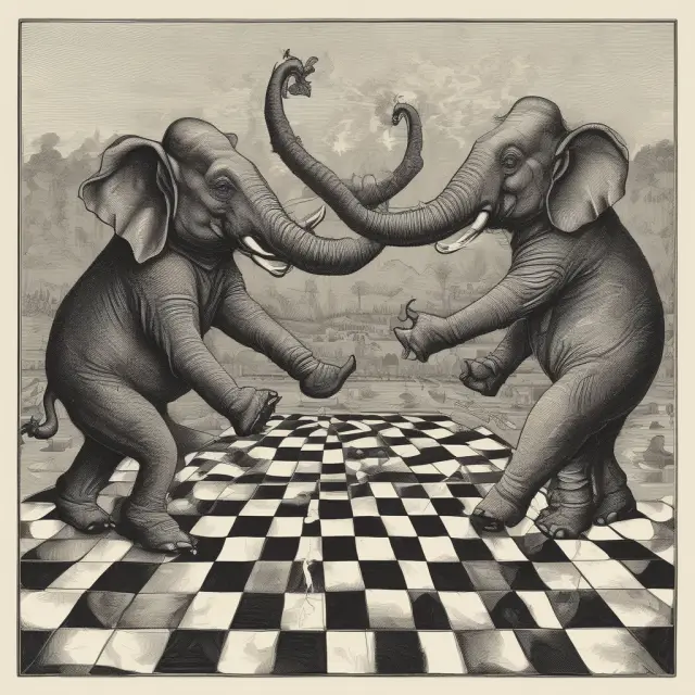 Two giant elephants negotiating on a global chessboard, illustrating the intricate dance of trade sanctions and their impacts