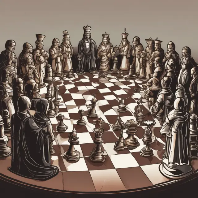 Diplomats crafting a strategy for effective trade sanctions, symbolized by a chess game featuring countries as players.