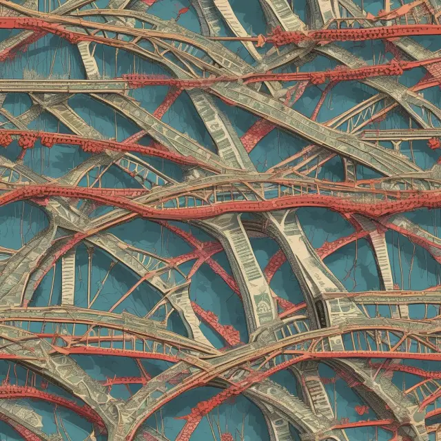 A bridge connecting manufacturers to foreign markets with trading houses as pillars, symbolizing economies of scale and currency management expertise.