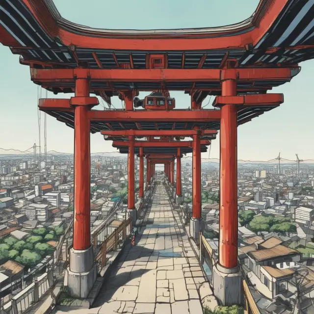 A bridge connecting Japan and a bustling global marketplace, trading houses facilitating business transactions between them