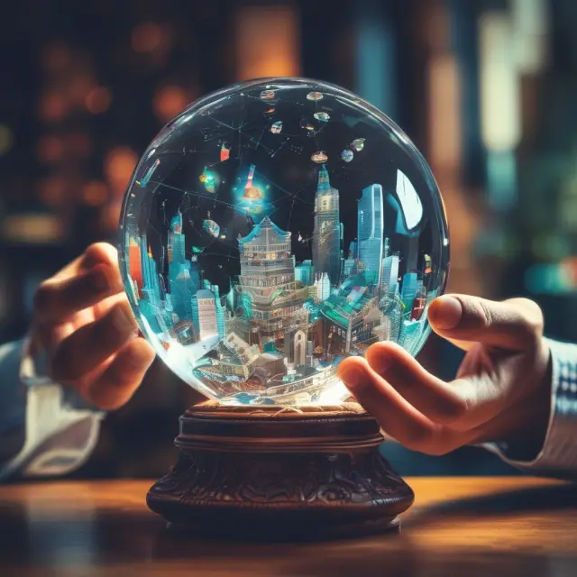 Trader evaluating investment opportunities using a crystal ball with financial instruments and analytical tools.