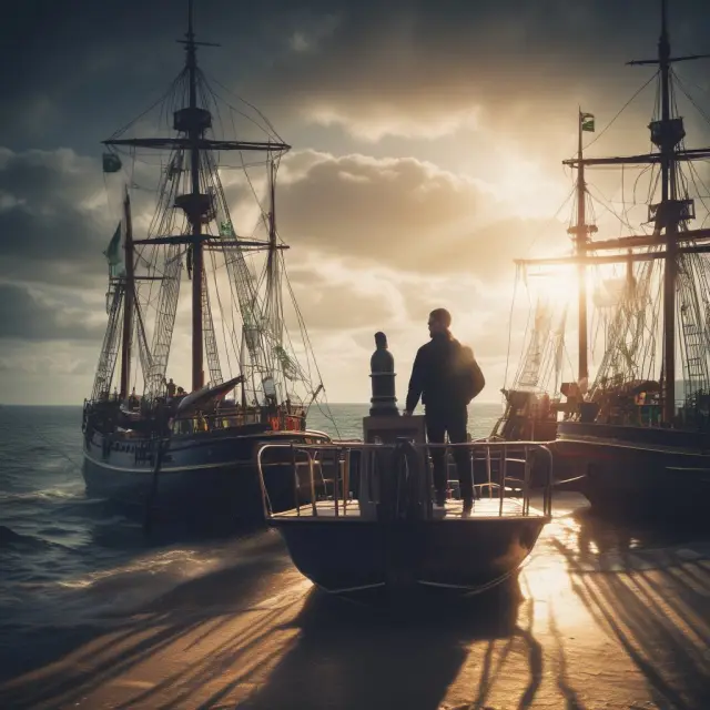 Two boats, one for E*Trade and another for TD Ameritrade, sail calmly in a tranquil sea with educational resources as lifejackets and user-friendly interfaces as sails
