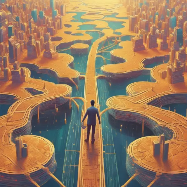 Investor selecting a trading platform amidst various bridge connections to financial institutions