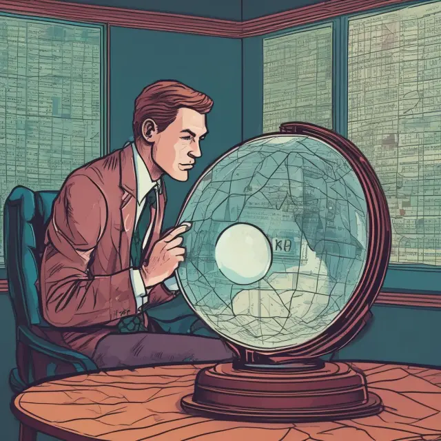 Technical trader examining market trends with a crystal ball displaying interwoven price charts, moving averages, and oscillators