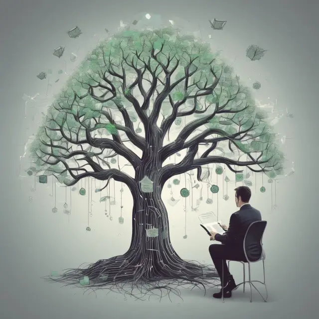 An investor studying a tree laden with financial data, where branches symbolize revenue growth and roots depict profitability.