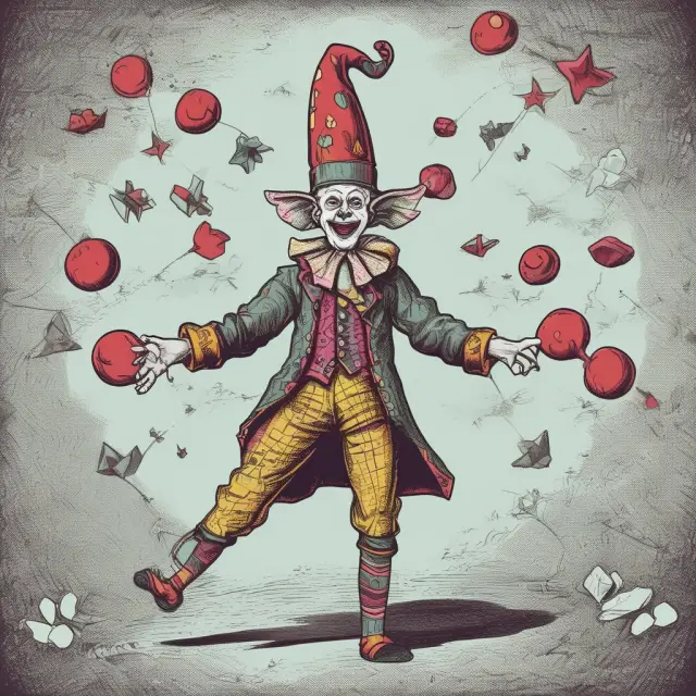 A jester juggles three balls labeled 