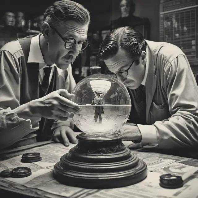 A trader examines past performance data using a crystal ball while aware of the ever-changing real-time market conditions