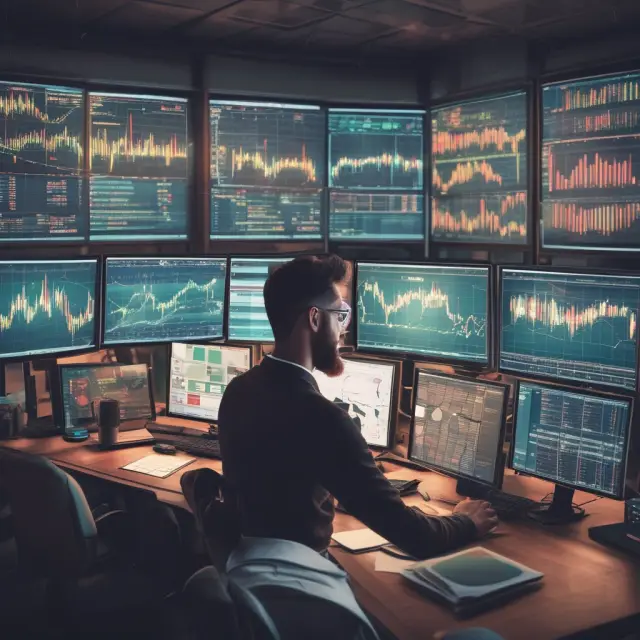 A broker deeply analyzing market data at a cluttered table while considering various trading platform options