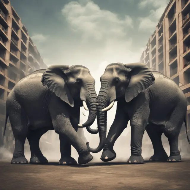 Two large elephants joining trunks to represent the merging of trading books within the financial sector