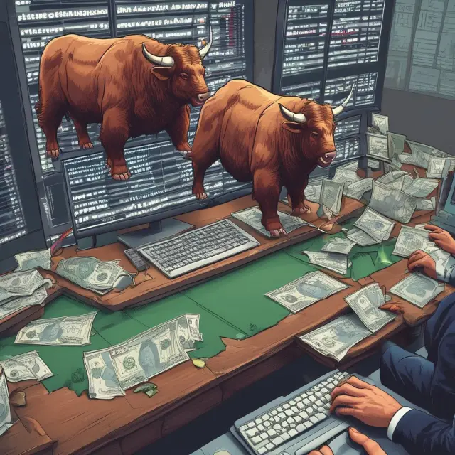 Bull and bear traders working on a high-tech forex market making desk, facilitating currency transactions with advanced analytics and risk management tools