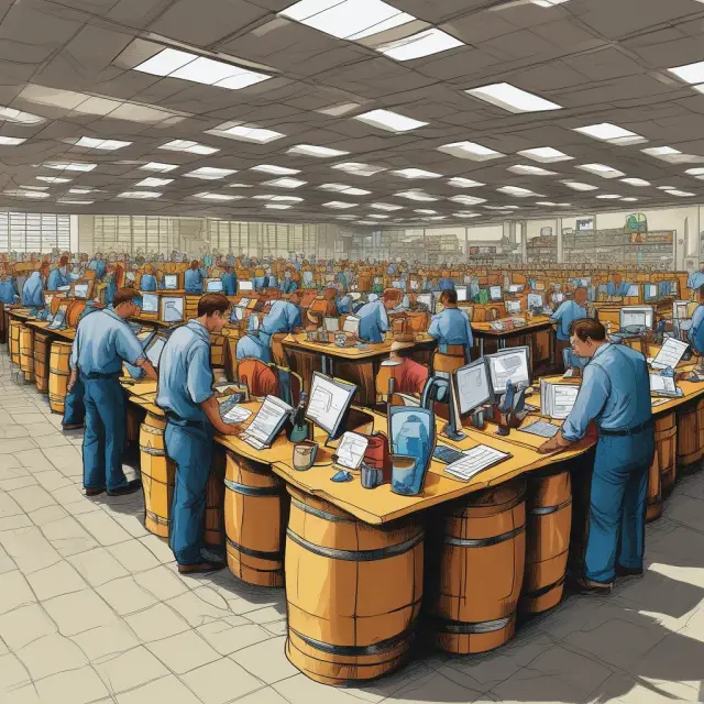 A bustling commodity trading desk filled with traders analyzing data at screens, surrounded by baskets of agricultural products, metal bars, and crude oil barrels