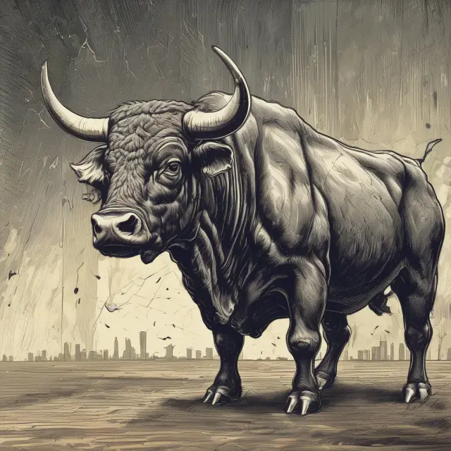 A bull escaping downward-plummeting S&P 500 index with circuit breakers acting as safe barriers.