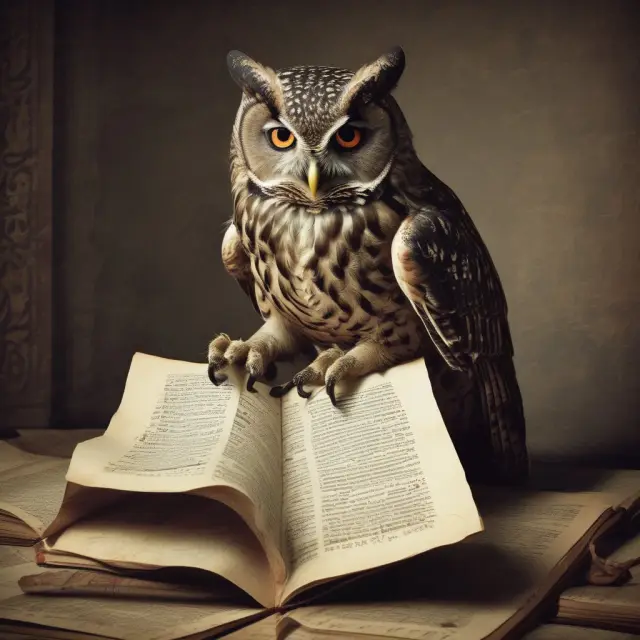 An wise owl sitting on a branch, deep in thought as it studies ancient scrolls representing financial knowledge related to trading halts.