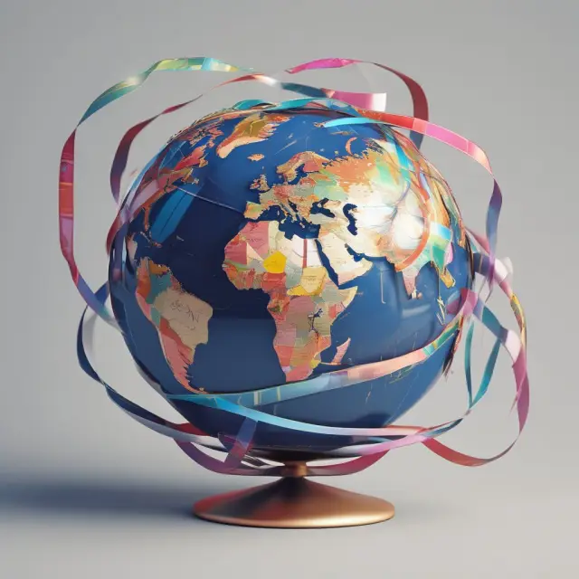 A globe spinning with interconnected ribbons of major currencies symbolizing the continuous 24-hour trading sessions across financial centers around the world in the forex market