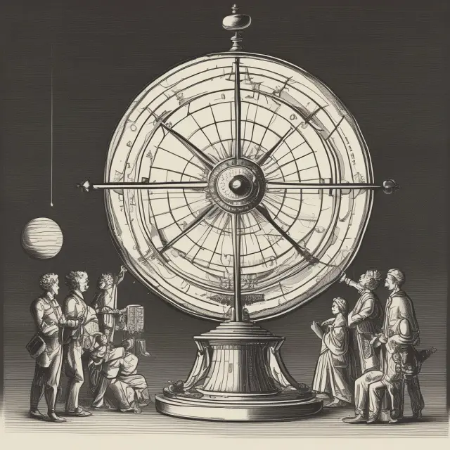 A globe surrounded by markets symbolically rotating around a sun while clock hands point to trading session hours