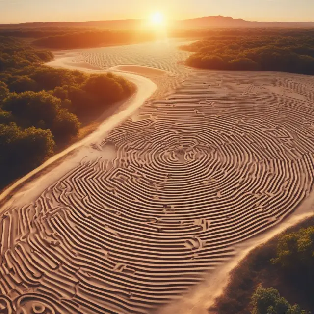 A golden sun setting behind a maze of financial documents related to IRA distributions, symbolizing the complexities of managing retirement income and taxes