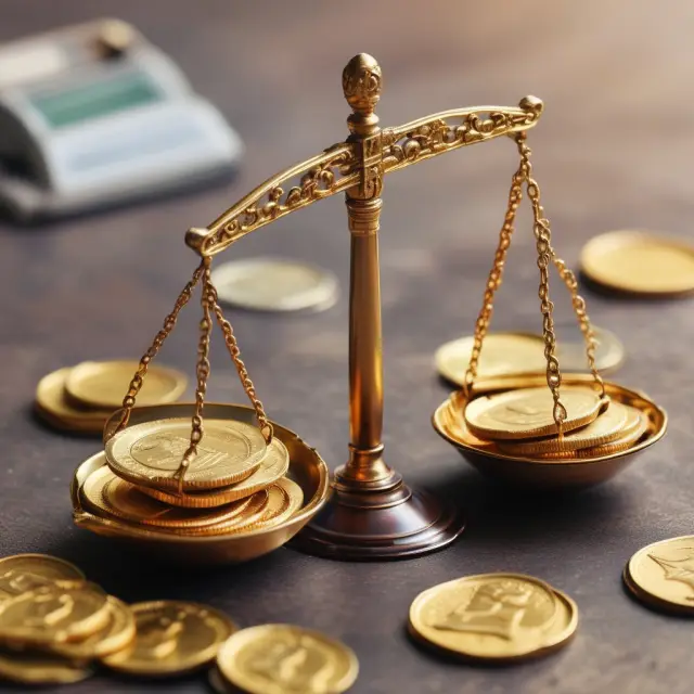 Scale with gold coins for Traditional IRA benefits (tax savings) and drawbacks (taxes during retirement), representing a balanced decision.